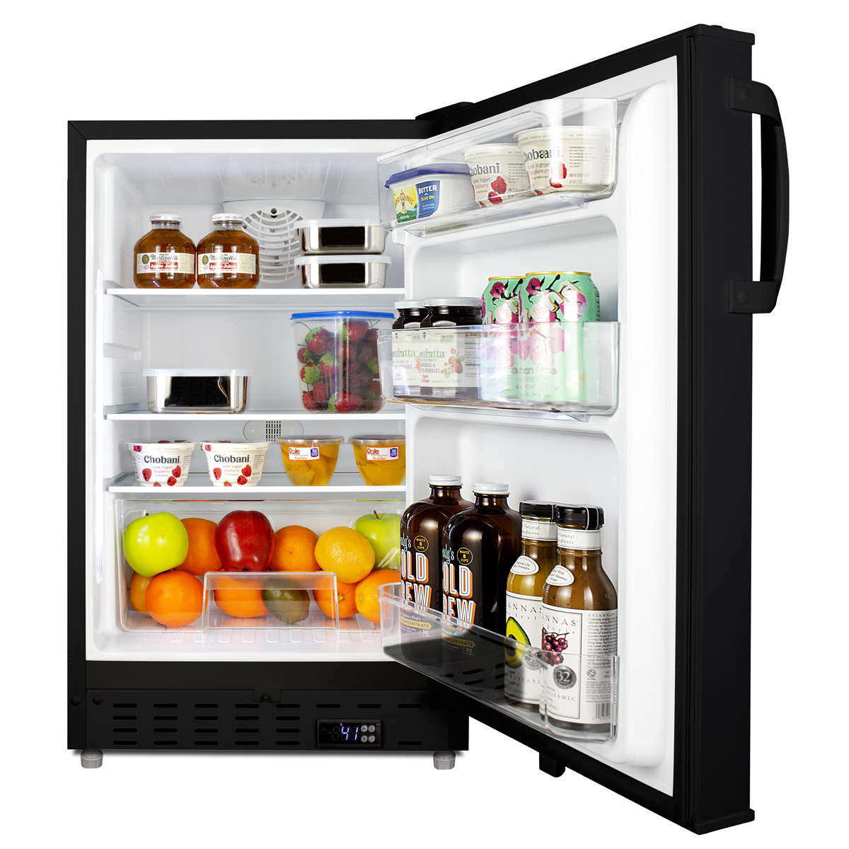 Built-in undercounter ADA compliant residential all-refrigerator in black with door storage and automatic defrost operation